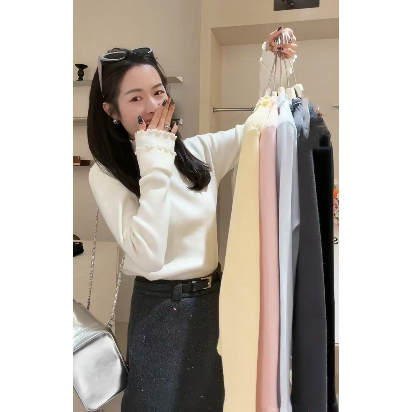 甜美双层木耳边半高领长袖针织衫女冬季新款修身显瘦内搭打底上衣,女装/女士精品,毛针织衫,淘宝优惠券,粉丝福利购,淘宝优惠卷