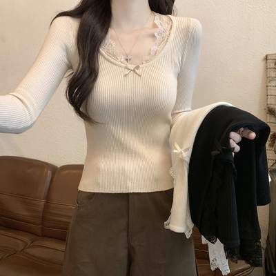 纯欲修身显瘦蕾丝v领长袖打底衫女2025早秋新款韩系针织毛衣上衣