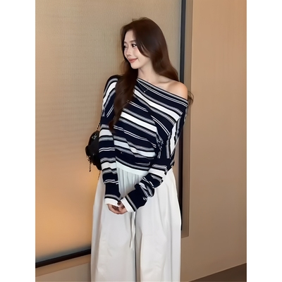 法式气质高级设计感一字肩毛衣女秋冬宽松斜肩长袖针织打底衫上衣