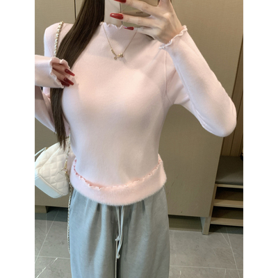 粉色毛衣女秋冬韩系木耳边半高领长袖针织衫加厚一体绒打底衫上衣