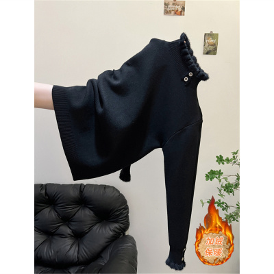 秋冬设计高级感超好看黑色毛衣女半高领加厚一体绒长袖打底针织衫