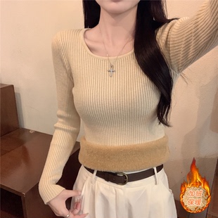 方领加绒毛衣女2026新款秋冬季保暖加厚一体绒内搭打底衫针织上衣