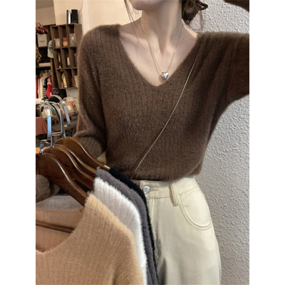 软糯仿水貂绒加厚针织衫毛衣女秋冬长袖上衣高级感v领内搭打底衫