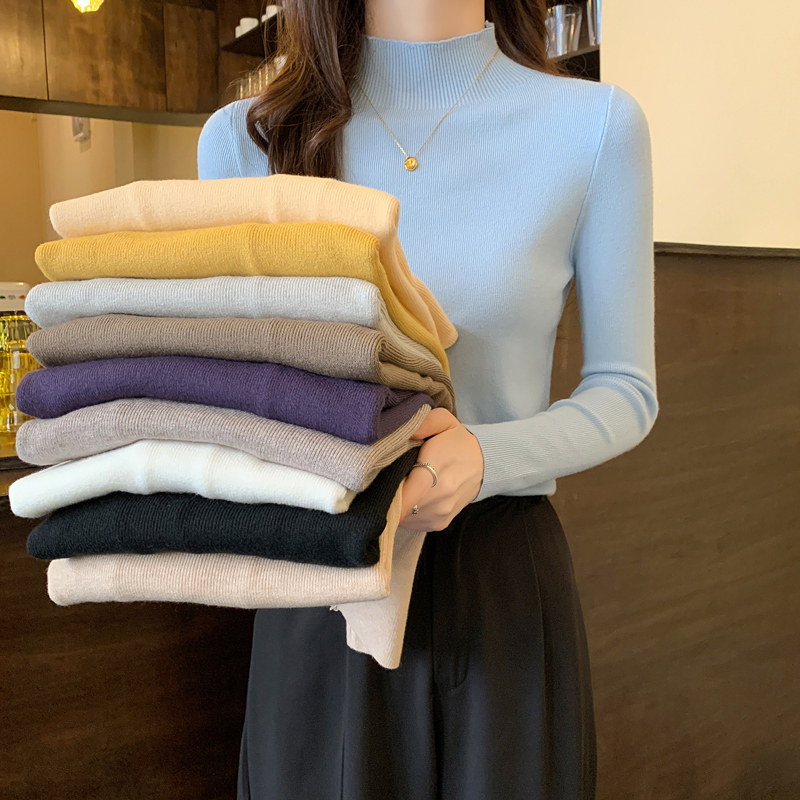 秋冬季新款半高领修身紧身长袖内搭针织衫上衣中领洋气打底毛衣女