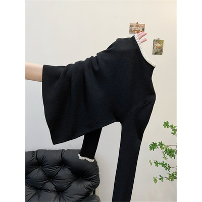秋冬长袖打底针织衫上衣气质高级感蕾丝花边半高领黑色毛衣女内搭