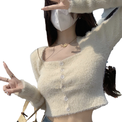 加厚水貂绒针织开衫毛衣女短外套