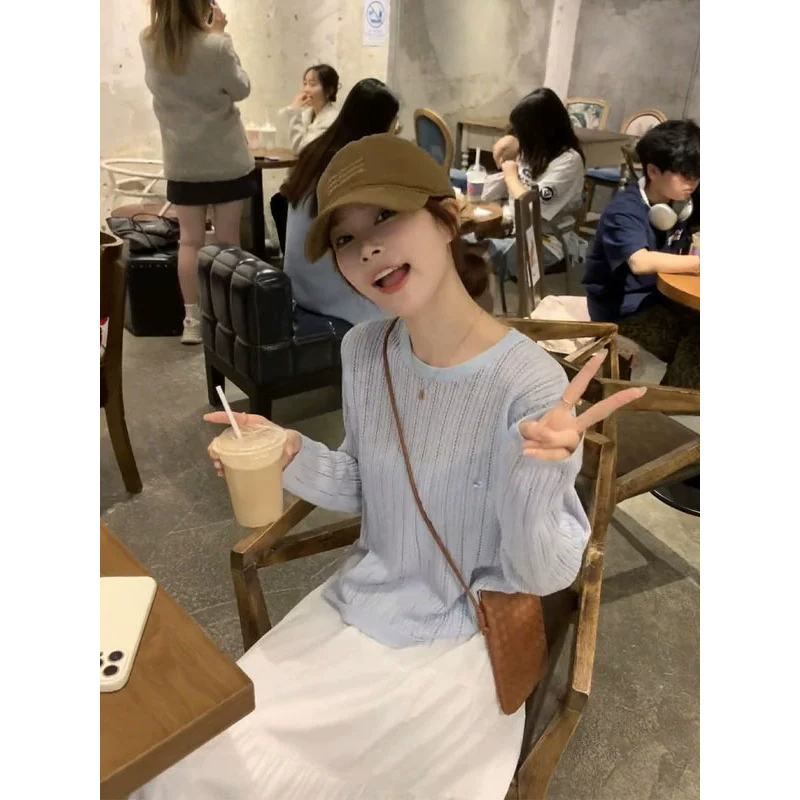 镂空冰丝长袖针织衫女2025年夏季新款设计感宽松外搭防晒罩衫上衣