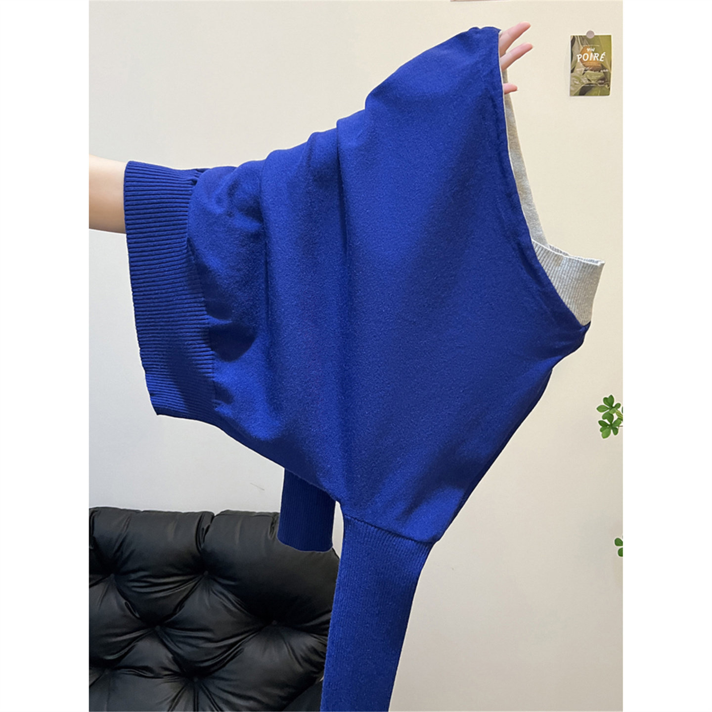 秋冬慵懒宽松斜肩长袖针织衫上衣一字肩设计感假两件毛衣女打底衫