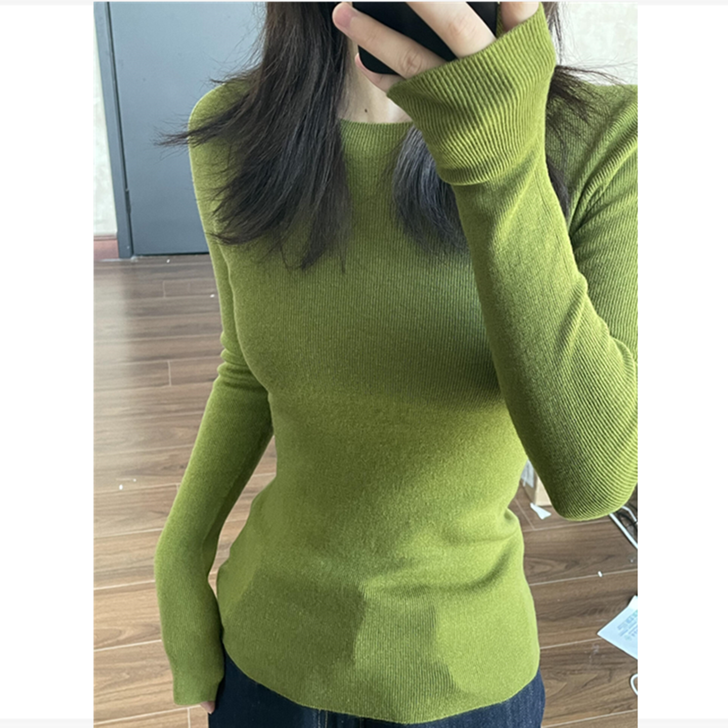 圆领绿色针织衫女春秋冬季新款百搭修身紧身内搭上衣长袖打底毛衣