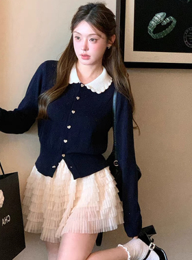 秋冬韩系甜美减龄学院风娃娃领针织开衫上衣小个子短款毛衣外套女