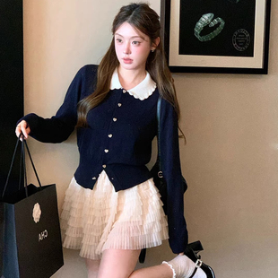 秋冬韩系甜美减龄学院风娃娃领针织开衫 毛衣外套女 上衣小个子短款