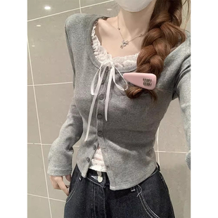 上衣 女韩系纯欲bm风蝴蝶结绑带拼接蕾丝短款 假两件长袖 t恤打底衫