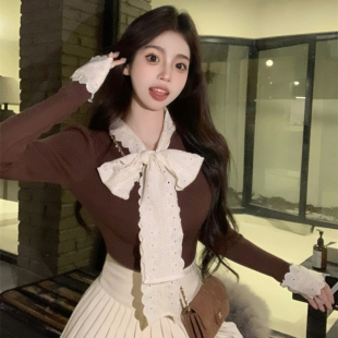 气质蕾丝蝴蝶结内搭毛衣针织衫 打底衫 女秋冬修身 长袖 上衣 短款 法式