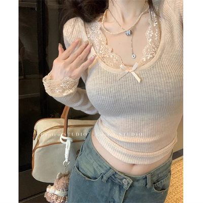 春秋薄款设计感辣妹短款蕾丝蝴蝶结长袖打底针织衫上衣毛衣女内搭
