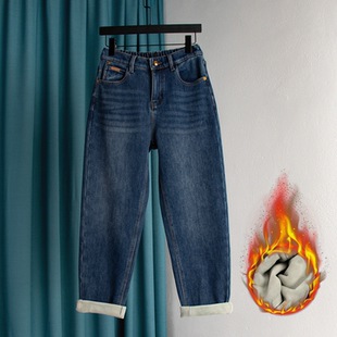 胖MM2025秋冬松紧腰萝卜加长老爹裤 哈伦加绒牛仔裤 女加厚大码
