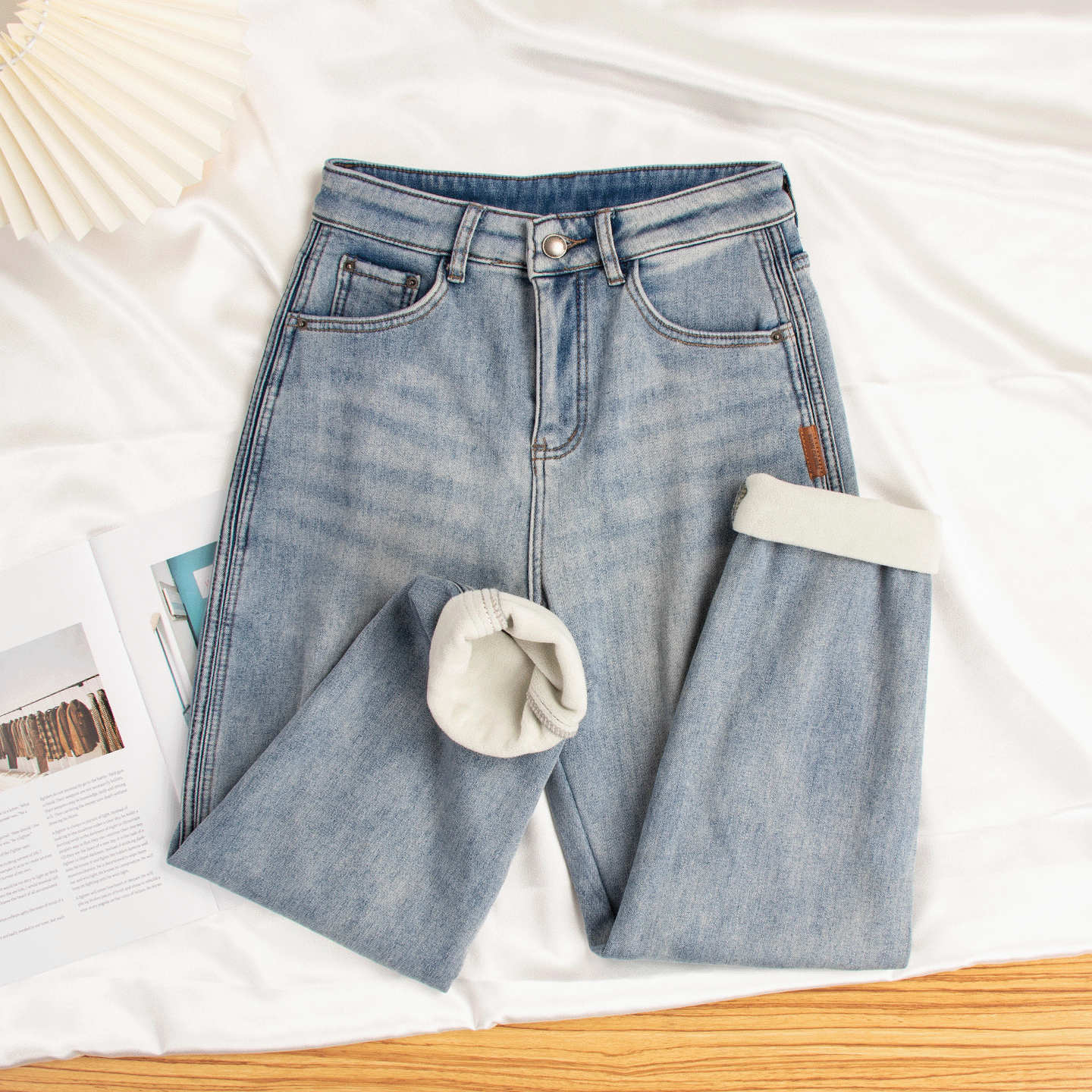 加绒双侧边牛仔裤女秋冬老爹裤子2025新款高腰加厚萝卜宽松哈伦裤