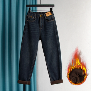 松紧腰萝卜加长老爹裤 胖MM2025秋冬新款 女加厚大码 哈伦加绒牛仔裤