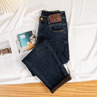 半松紧腰萝卜老爹裤 加绒深蓝哈伦牛仔裤 大码 胖MM秋2025新款 女大码