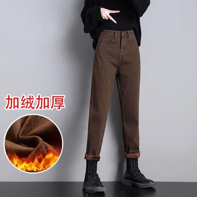 咖啡色哈伦牛仔裤秋冬加绒新款烟管萝卜老爹6307加长裤子女高个子