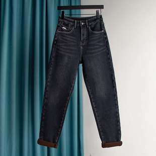 直筒宽松显瘦弹力老爹裤 春秋2025新款 子女加绒哈伦牛仔裤 加长裤