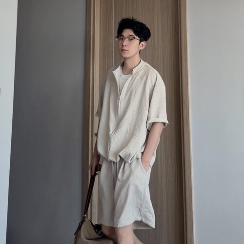 假两件拼接立领短袖polo衫套装男