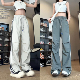 美式vibe三条杠条纹拼接运动裤男褶皱设计技能伞兵裤夏季速干裤子