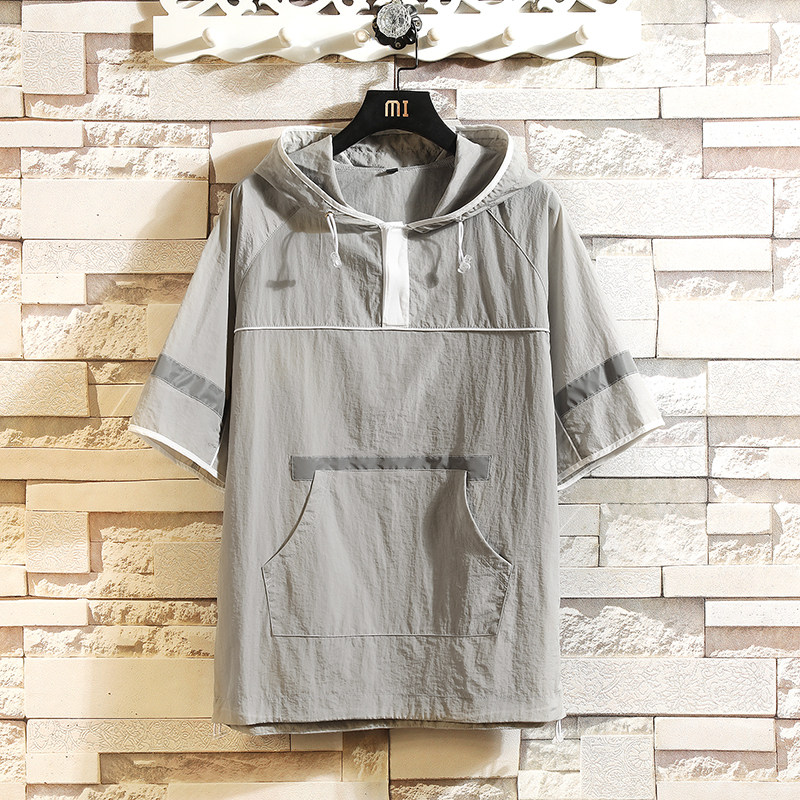 夏季速干连帽短袖T恤男潮反光条宽松韩版情侣冰丝防晒五分袖卫衣