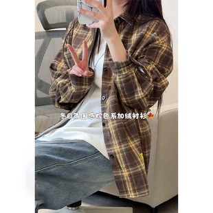 美式复古格纹衬衫男女款秋冬加绒保暖叠穿外套宽松时尚休闲衬衣潮