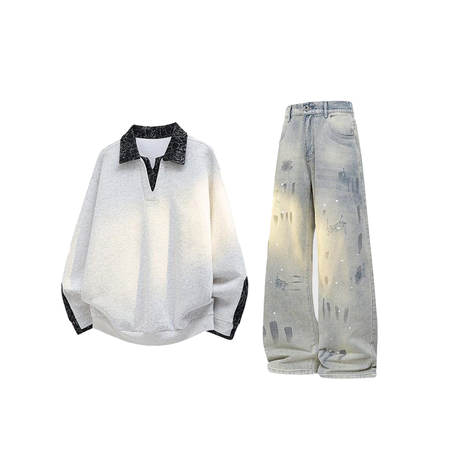 美式复古衬衫领拼接假两件卫衣套装男宽松大码做旧牛仔裤两件套潮