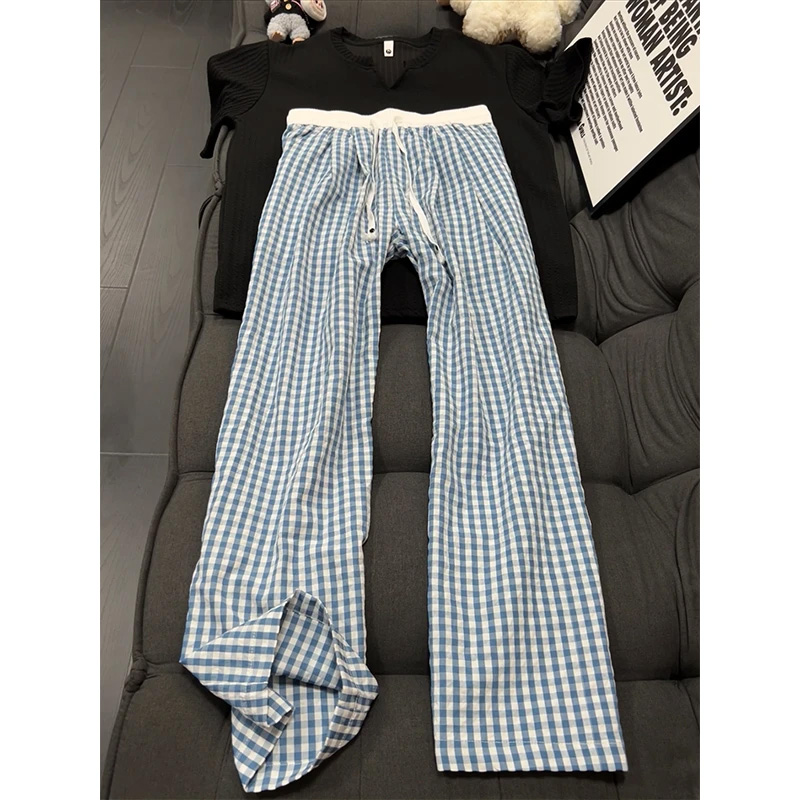 蓝白格直筒阔腿裤夏季薄款休闲裤