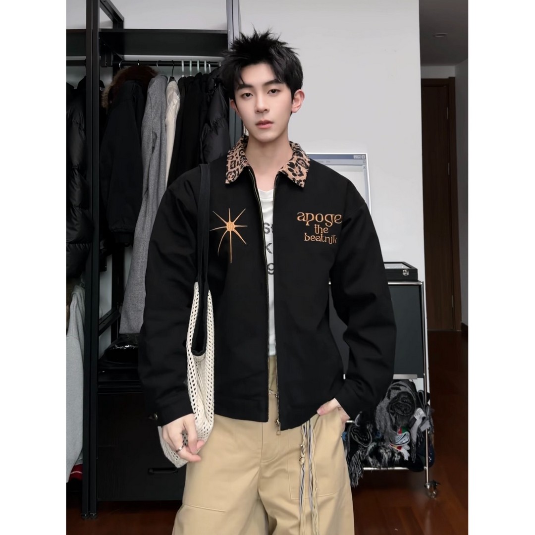 美式经典豹纹翻领工装夹克男潮牌刺绣时尚短款秋季外套休闲棒球服
