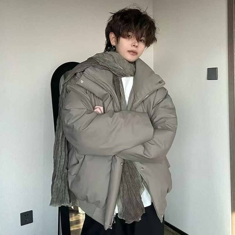 美式黑色羽绒棉服男冬季cleanfit短款立领无帽棉衣痞帅PU皮外套潮