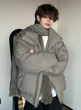 美式黑色羽绒棉服痞帅PU皮外套男