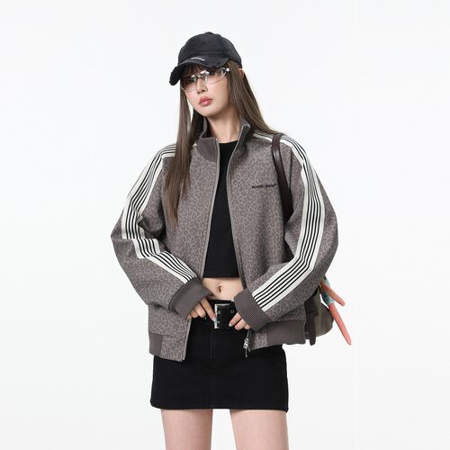 美式复古立领开衫豹纹皮夹克男