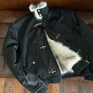 美式哈林顿珠光皮衣棉服男潮牌飞机扣冬季加绒保暖棉衣座山雕外套