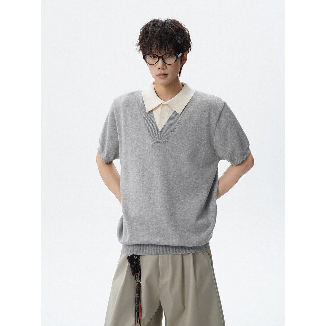 老钱风假两件V领短袖POLO衫男