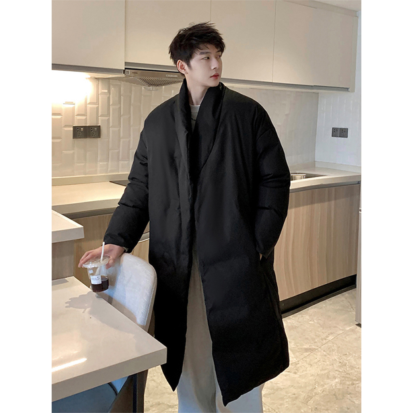 西装领斜襟超长款过膝棉服男高级感加厚保暖棉衣冬季防寒风衣外套