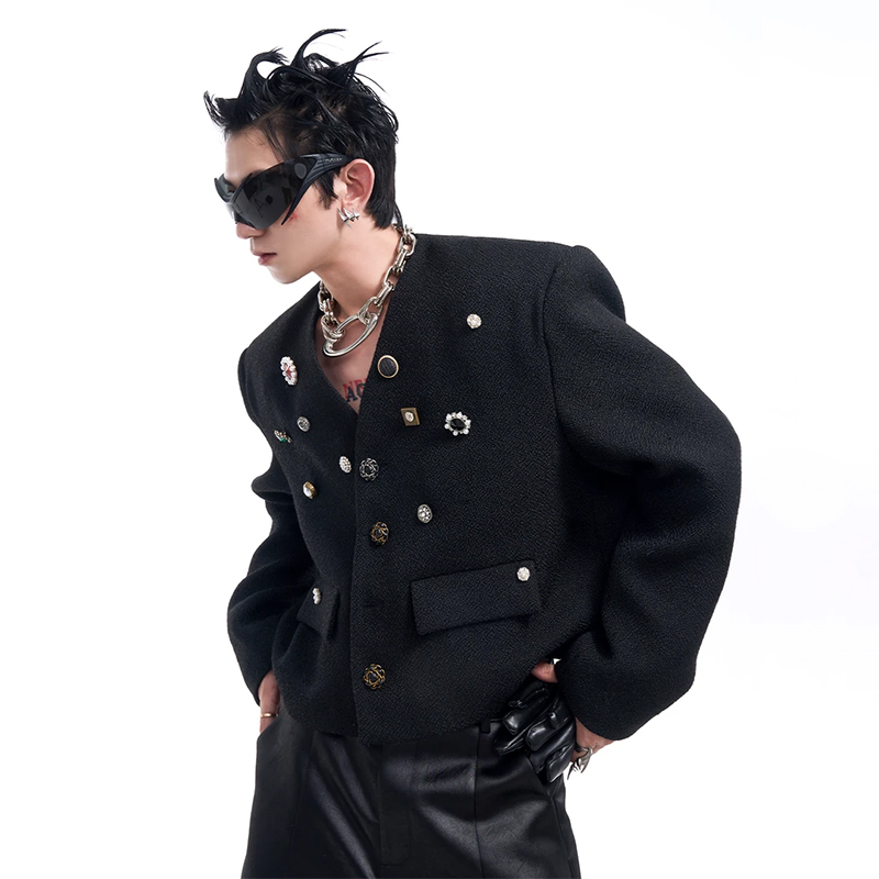 欧美轻奢无领西服男短款无领外套