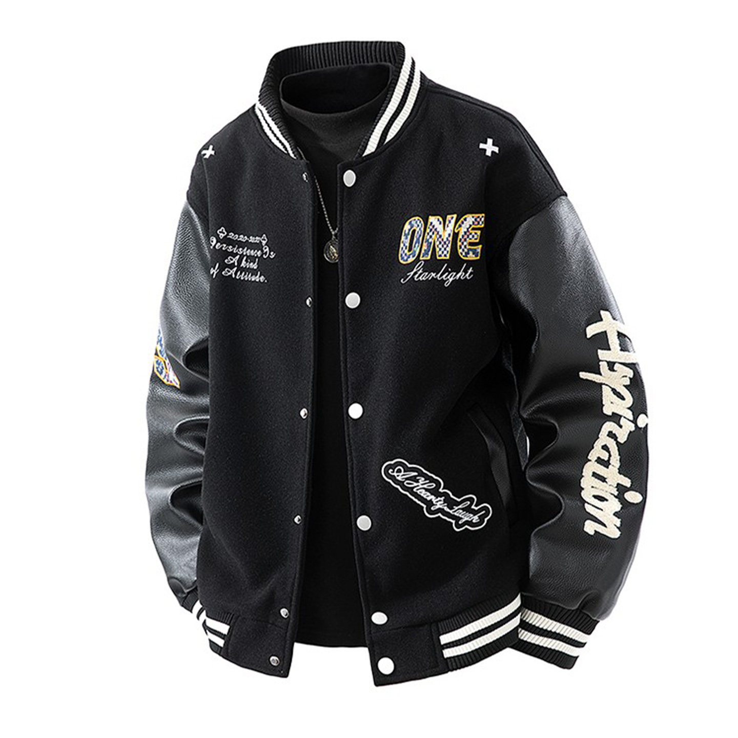 美式复古刺绣PU皮拼接袖夹克男高级感赛车服外套春季休闲棒球服潮