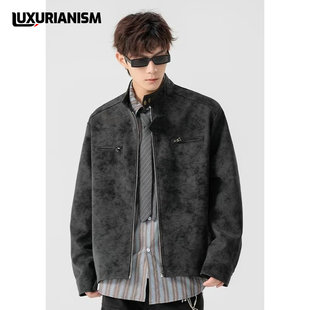 美式 垫肩立领夹克 复古休闲做旧棕色机车皮衣外套男小众设计感短款