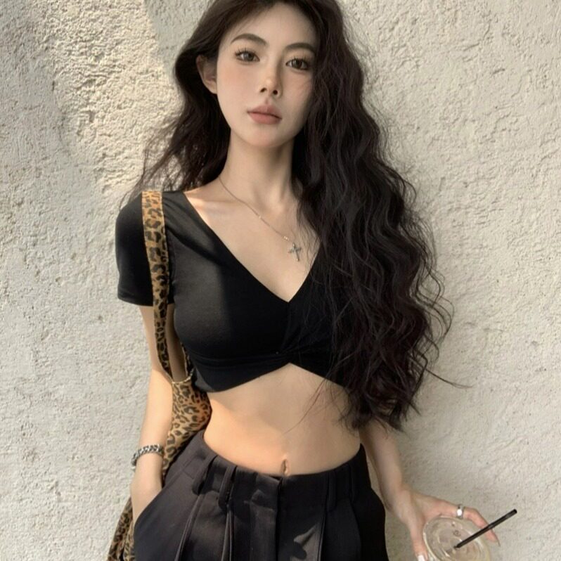 甜辣jazz上衣美式V领交叉打结短袖T恤短款露脐爵士舞穿搭衣服装