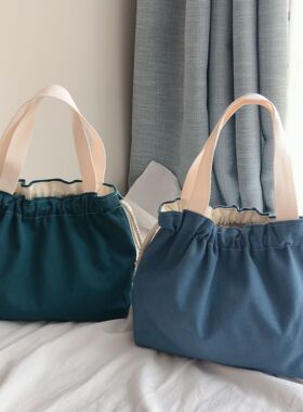 【YUU布包】手提小方包纯色布袋抽绳帆布手提包厚实文艺日韩抽带
