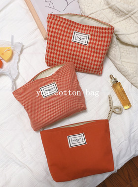 红红火火迎新年橘红色千鸟格棉布手袋化妆包手拿包帆布袋简约百搭