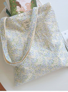 YUU 浅紫色温柔碎花单肩棉布袋女帆布包装书袋清新简约文艺百搭