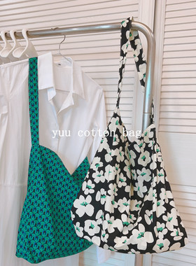 【YUU工作室】复古绿色印花棉布单肩布袋女文艺小众单层薄慵懒风