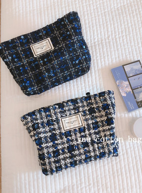【YUU 布包】蓝黑色小香风粗纺帆布袋手拿包化妆包时尚潮流气质女