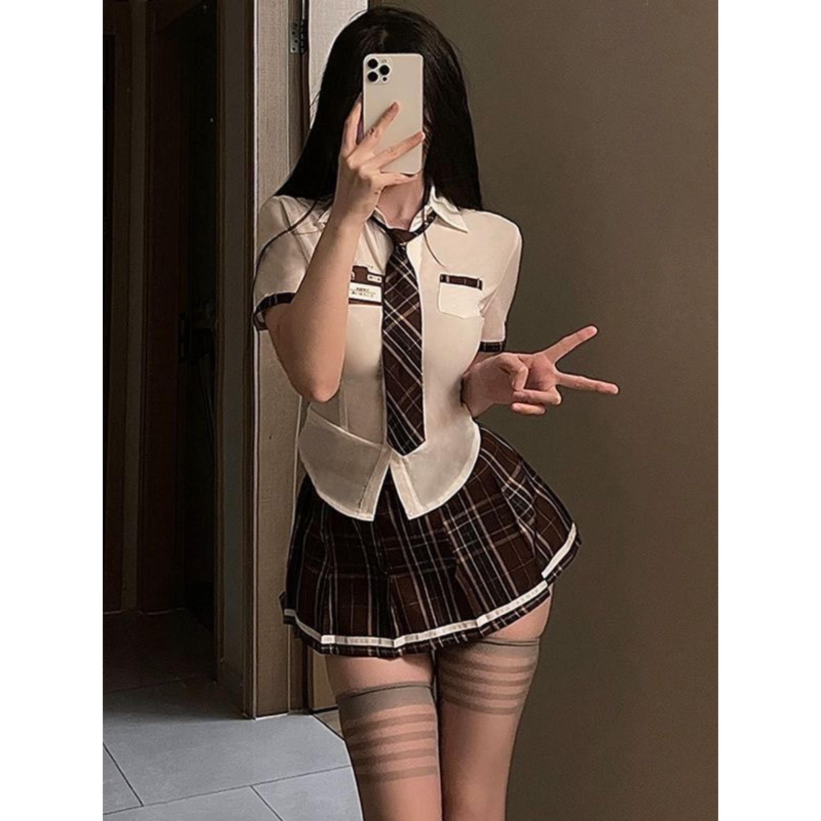 jk制服纯欲风辣妹收腰日系性感睡裙学院风领带短衬衫百褶裙大码女