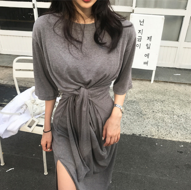 韩国2019夏天新款性感高腰褶皱中长款连衣裙女 休闲宽松开叉长裙满6元可用5元优惠券