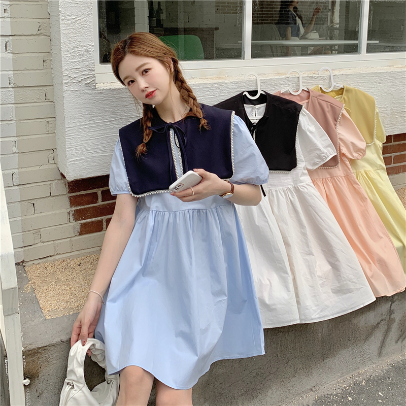 Real price solid color loose bottomed Bubble Sleeve Dress + Xinji pearl lace up shawl