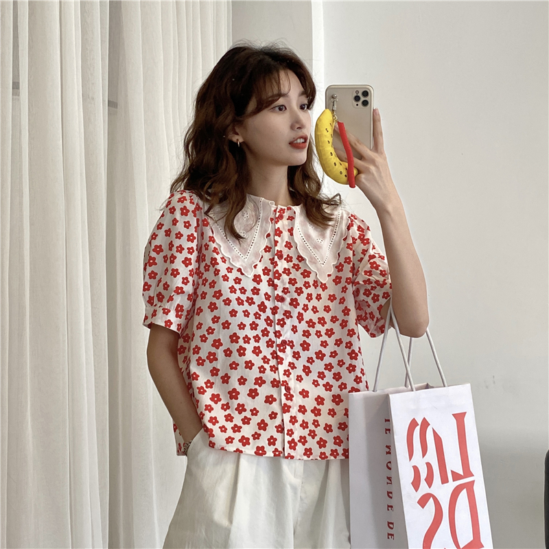 Real price foreign style individual stitching Lapel shirt fashion floral cardigan short sleeve top